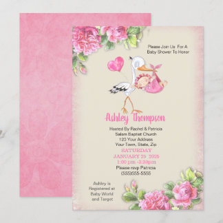 Stork and Watercolor Flowers Girls Baby Shower Invitation