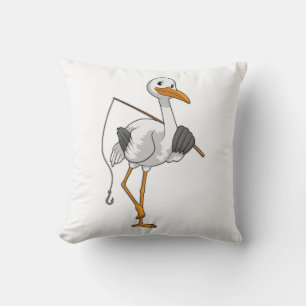 Stork as Fisher with Fishing rod Throw Pillow
