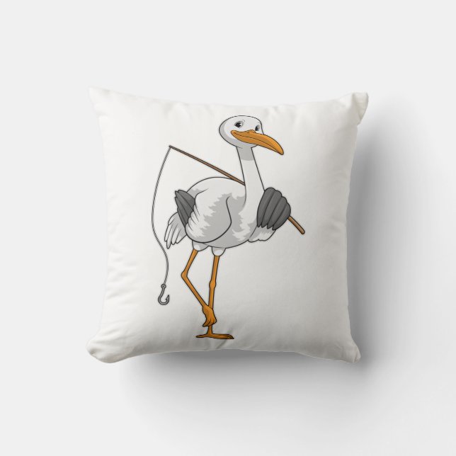 Stork as Fisher with Fishing rod Throw Pillow (Front)