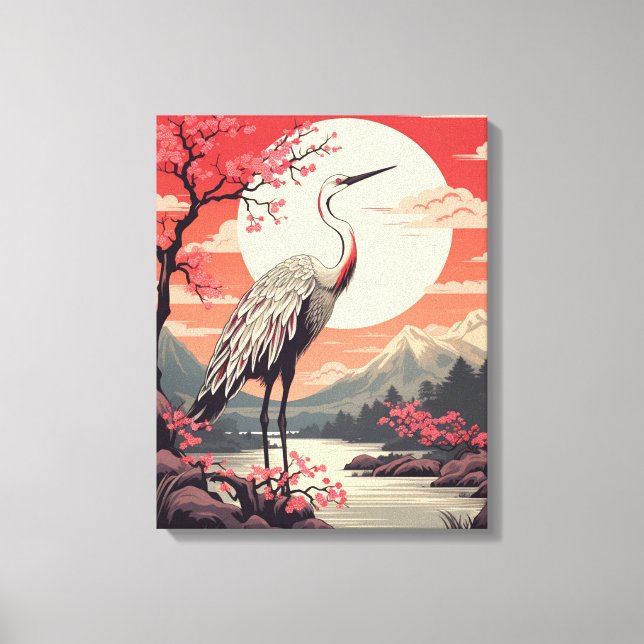 Stork at sunrise by the Lake and Sakura trees  Canvas Print (Front)