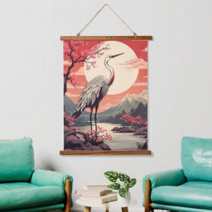 Stork at sunrise by the Lake and Sakura trees Hanging Tapestry