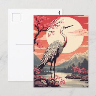 Stork at sunrise by the Lake and Sakura trees Postcard