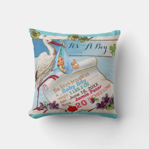 STORK,BABY AND SHAMROCKS Floral Boy Baby Stats Throw Pillow