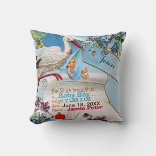 STORK,BABY AND SHAMROCKS Floral Boy Baby Stats Throw Pillow