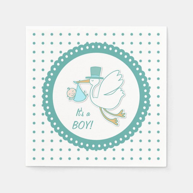 Stork, baby boy, polka dots Party Napkins (Front)