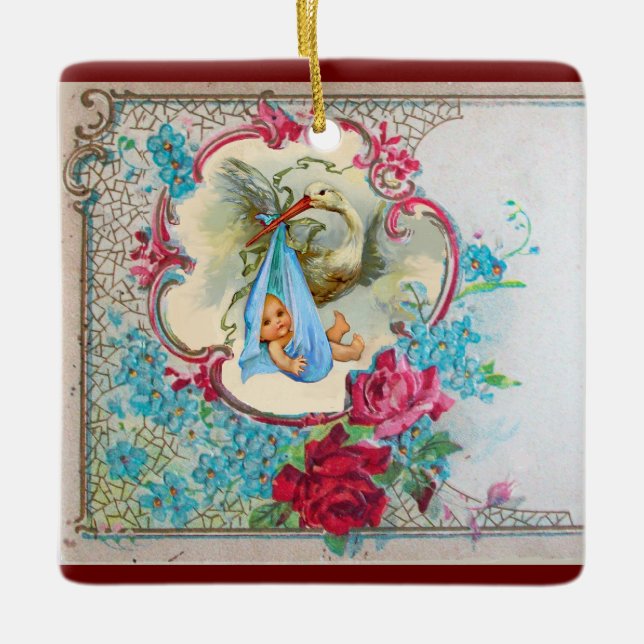 STORK BABY BOY SHOWER 2 Blue Aquamarine Ceramic Ornament (Front)