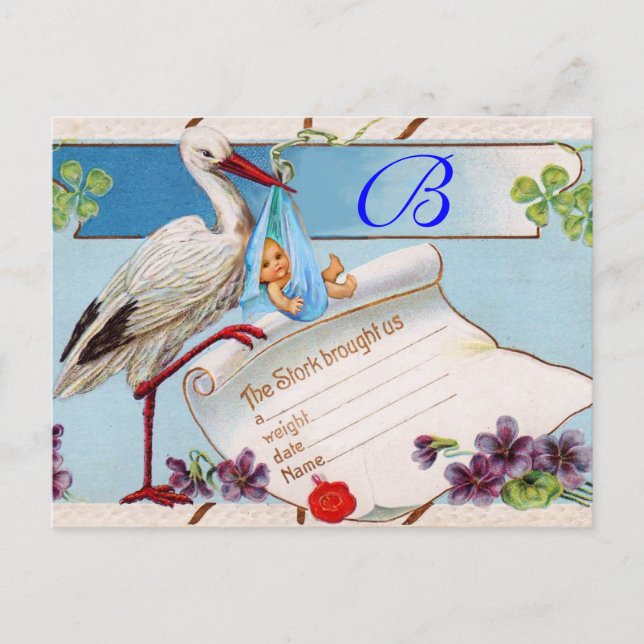 STORK BABY BOY SHOWER 2 INVITATION POSTCARD (Front)
