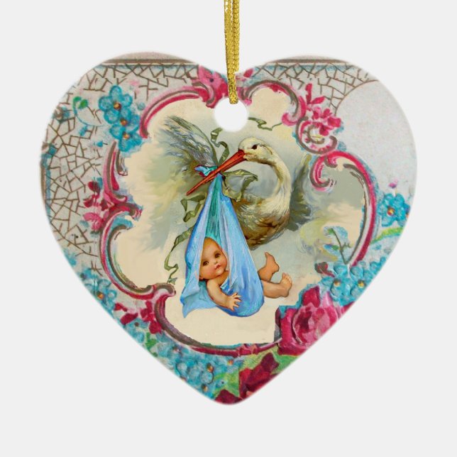 STORK BABY  BOY SHOWER 2 MONOGRAM Blue Aquamarine Ceramic Ornament (Front)