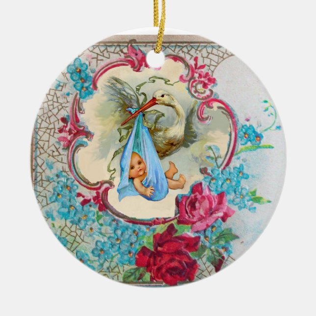 STORK BABY  BOY SHOWER 2 MONOGRAM Blue Aquamarine Ceramic Ornament (Front)