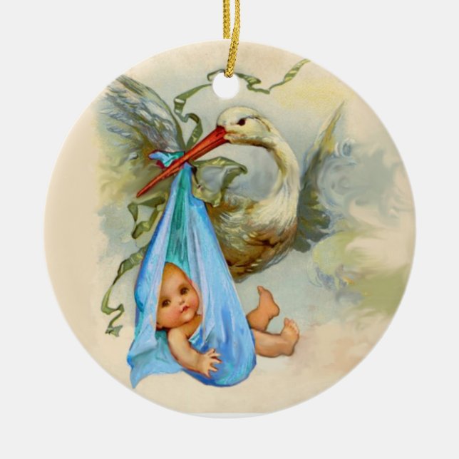 STORK BABY BOY SHOWER 2 MONOGRAM  BLUE SAPPHIRE CERAMIC ORNAMENT (Front)