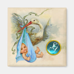 STORK BABY BOY SHOWER 2 MONOGRAM ,turquase Magnet