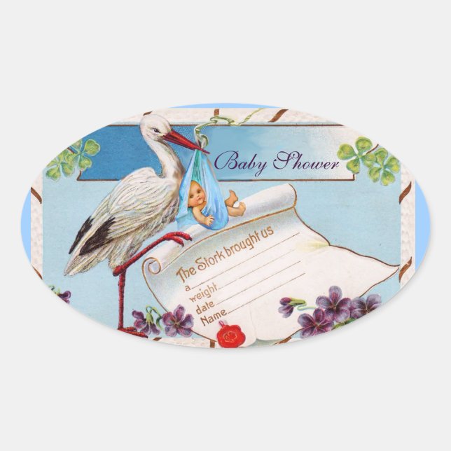 STORK BABY BOY SHOWER 2 OVAL STICKER (Front)