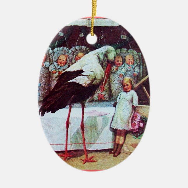 STORK BABY BOY SHOWER 3 MONOGRAM Red Ruby Ceramic Ornament (Front)