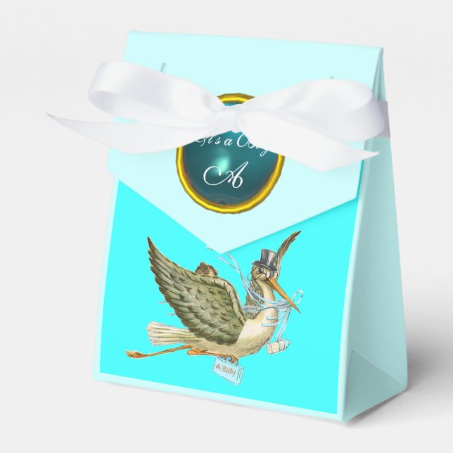 STORK BABY BOY SHOWER BLUE GEM STONE MONOGRAM FAVOR BOX (Front Side)