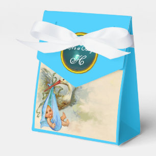 STORK BABY BOY SHOWER BLUE GEM STONE MONOGRAM FAVOR BOX