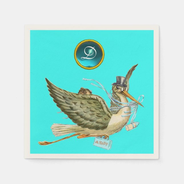 STORK BABY BOY SHOWER BLUE GEM STONE MONOGRAM NAPKIN (Front)