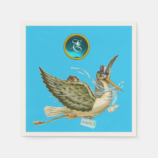 STORK BABY BOY SHOWER BLUE GEM STONE MONOGRAM NAPKIN (Front)