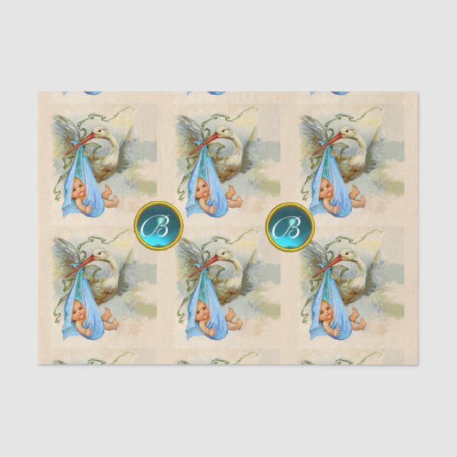 STORK BABY BOY SHOWER BLUE GEM STONE MONOGRAM TISSUE PAPER (Front)