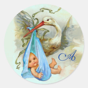 STORK BABY BOY SHOWER BLUE MONOGRAM , CLASSIC ROUND STICKER