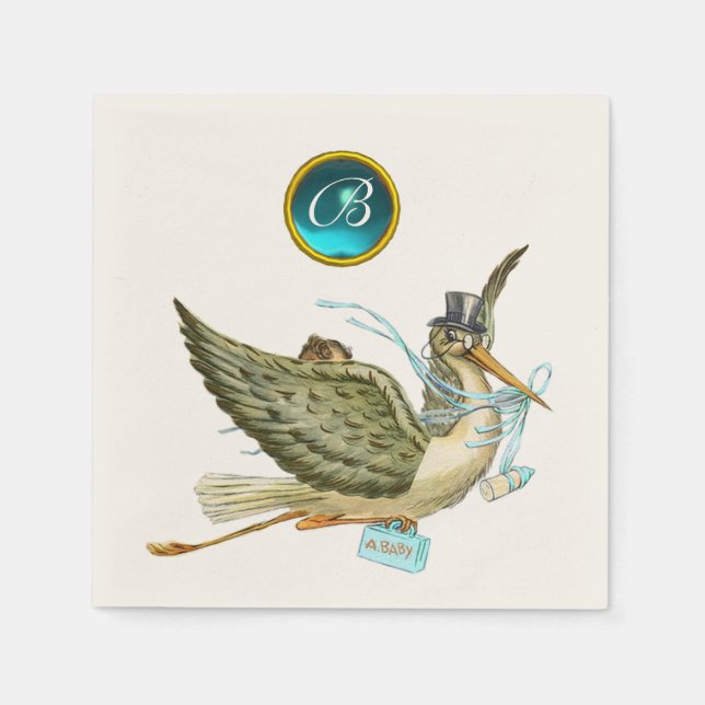 STORK BABY BOY SHOWER BLUR GEM STONE MONOGRAM NAPKIN (Front)
