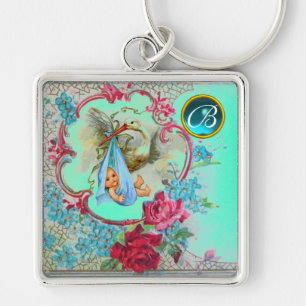 STORK BABY BOY SHOWER GEM MONOGRAM KEYCHAIN