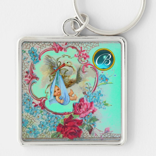 STORK BABY BOY SHOWER GEM MONOGRAM KEYCHAIN (Front)