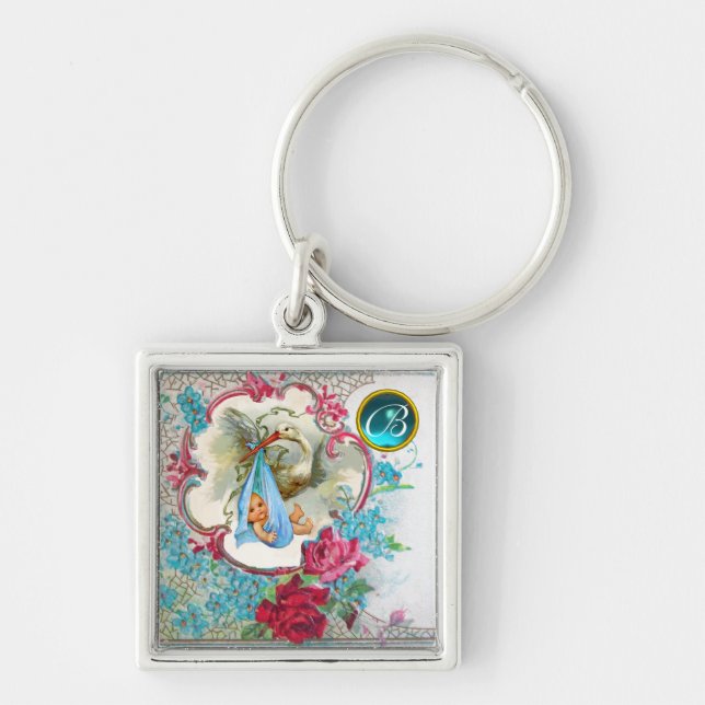 STORK BABY BOY SHOWER GEM MONOGRAM KEYCHAIN (Front)