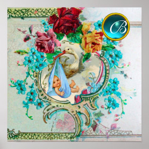 STORK BABY BOY SHOWER Gem Stone Monogram Poster