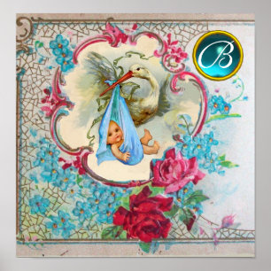 STORK BABY BOY SHOWER Gem Stone Monogram Poster