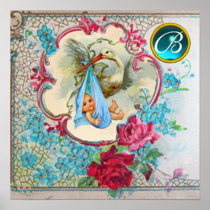 STORK BABY BOY SHOWER Gem Stone Monogram Poster