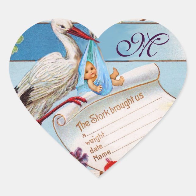 STORK BABY BOY SHOWER HEART MONOGRAM STICKER (Front)