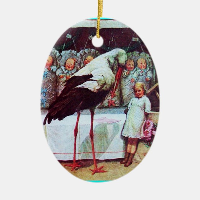 STORK BABY BOY SHOWER MONOGRAM  Blue Aquamarine Ceramic Ornament (Front)