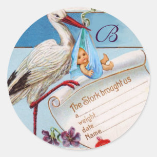 STORK BABY BOY SHOWER MONOGRAM CLASSIC ROUND STICKER