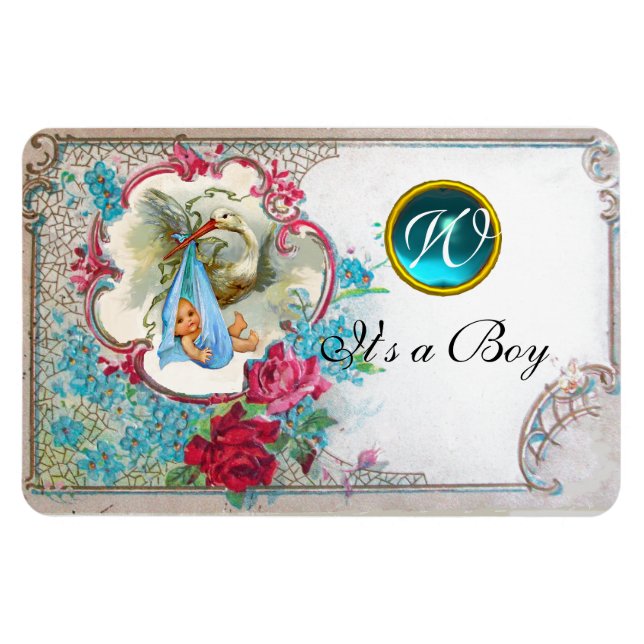 STORK BABY BOY SHOWER MONOGRAM,white Magnet (Horizontal)