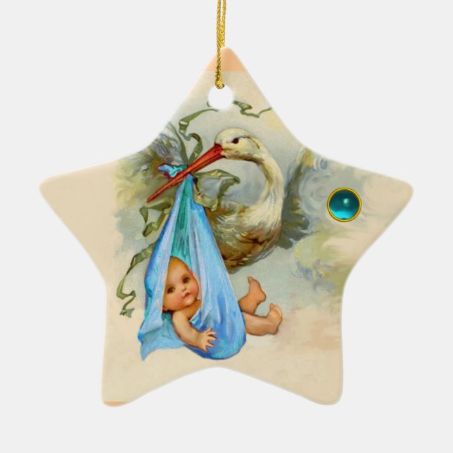 STORK BABY BOY SHOWER STAR MONOGRAM BLUE SAPPHIRE CERAMIC ORNAMENT (Front)