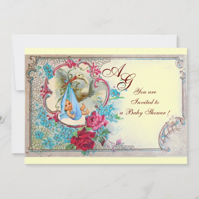STORK BABY BOY SHOWER WITH ROSES AND BLUE FLOWERS INVITATION (Front)