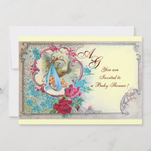 STORK BABY BOY SHOWER WITH ROSES AND BLUE FLOWERS INVITATION