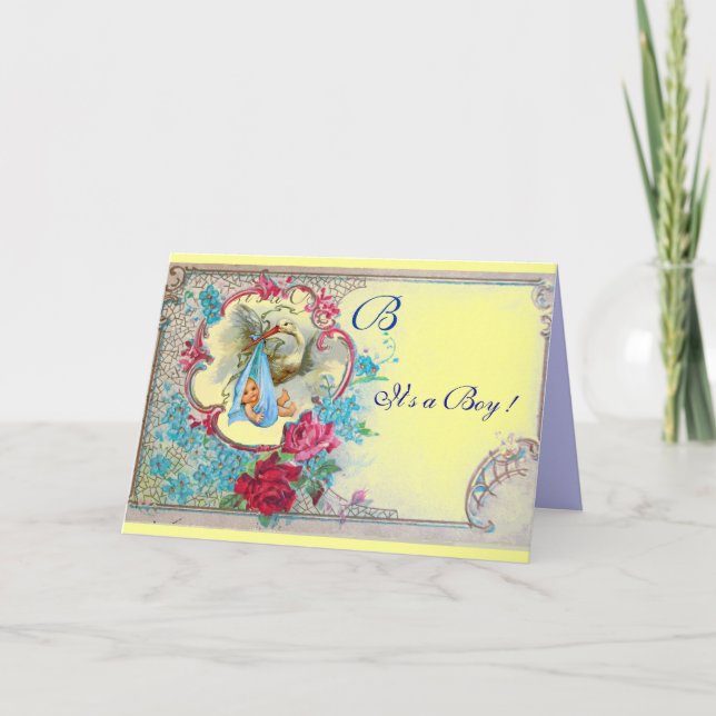 STORK BABY BOY SHOWER YELLOW BLUE FLOWERS MONOGRAM INVITATION (Front)