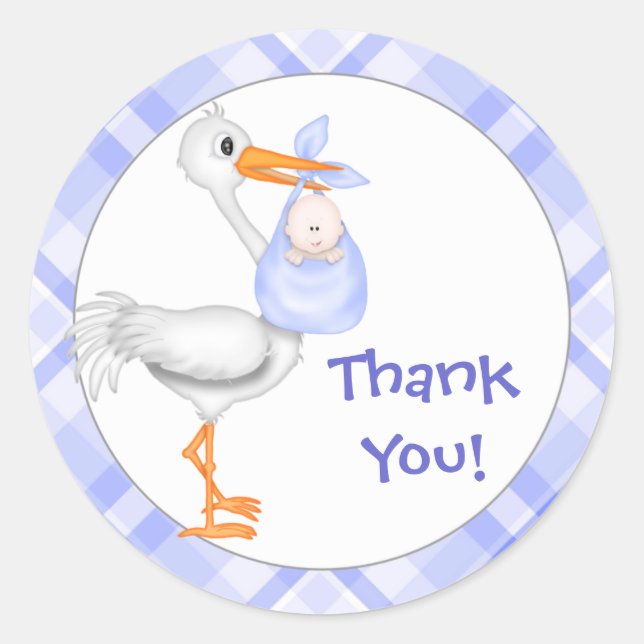 Stork & Baby Boy Thank You Classic Round Sticker (Front)