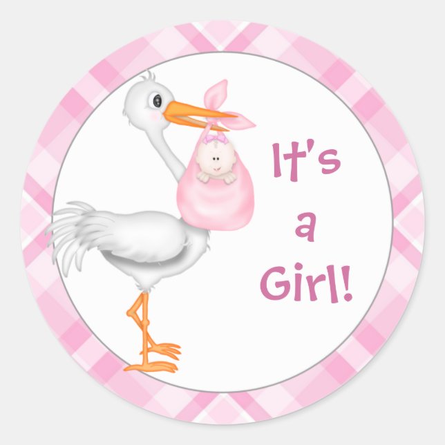 Stork & Baby Girl Baby Announcement Classic Round Sticker (Front)