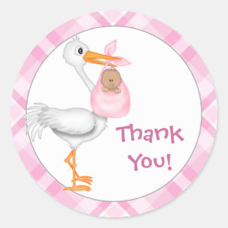 Stork & Baby Girl (darker skin) Thank You Classic Round Sticker