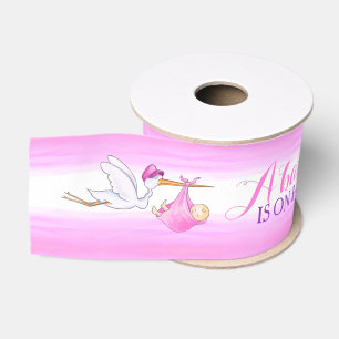 Stork baby girl is on his way pink baby shower grosgrain ribbon
