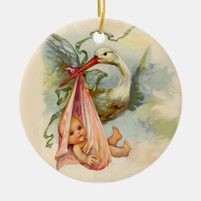 STORK BABY GIRL SHOWER 2 MONOGRAM  RED RUBY CERAMIC ORNAMENT (Front)