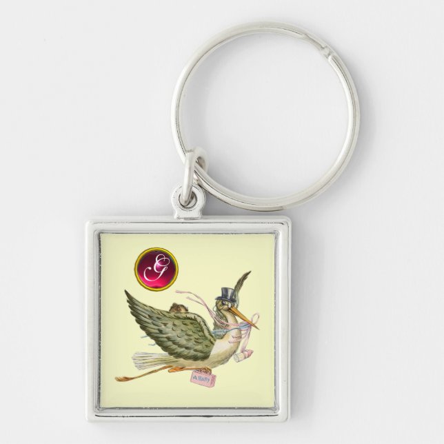 STORK BABY GIRL SHOWER GEM MONOGRAM KEYCHAIN (Front)