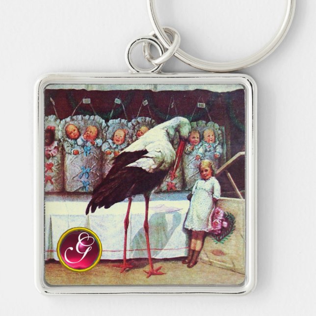 STORK BABY GIRL SHOWER GEM MONOGRAM KEYCHAIN (Front)