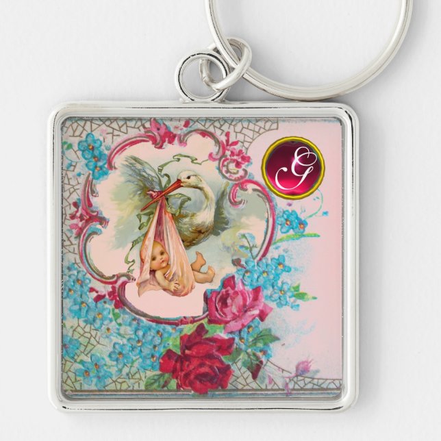 STORK BABY GIRL SHOWER GEM MONOGRAM KEYCHAIN (Front)