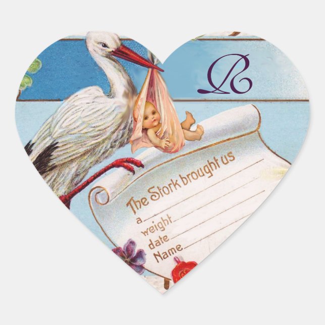 STORK BABY GIRL SHOWER HEART MONOGRAM HEART STICKER (Front)