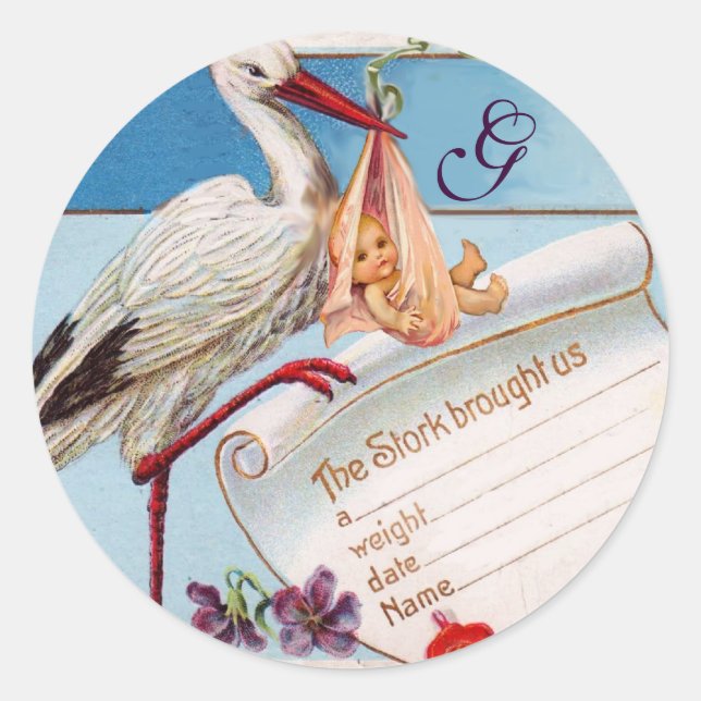 STORK BABY GIRL SHOWER MONOGRAM CLASSIC ROUND STICKER (Front)