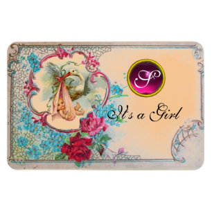 STORK BABY GIRL SHOWER MONOGRAM MAGNET