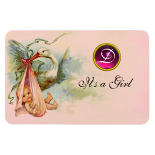 STORK BABY GIRL SHOWER MONOGRAM MAGNET